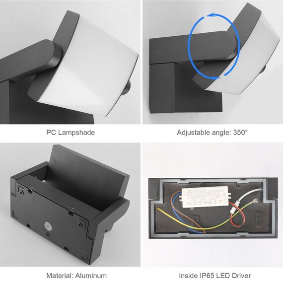 Klighten 24W Wandleuchte Aussen Innen, Wasserdicht IP65 Außenwandleuchte Modern Wandlampe mit Schwenkbar LED Panel Außenlampe für Terrasse Eingang, 1500 Lumen, Dunkelgrau, Warmweiß 2700K-3000K