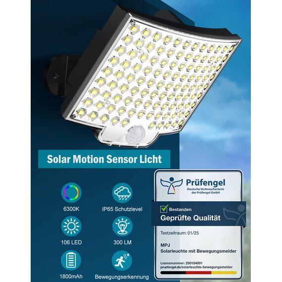 MPJ Solarlampen für Außen, 106 LED Solarleuchte Aussen mit Bewegungsmelder, IP65 Wasserdichte, 120°Beleuchtungswinkel, Solar Wandleuchte für Garten mit 5m Kabel-2 Stücke