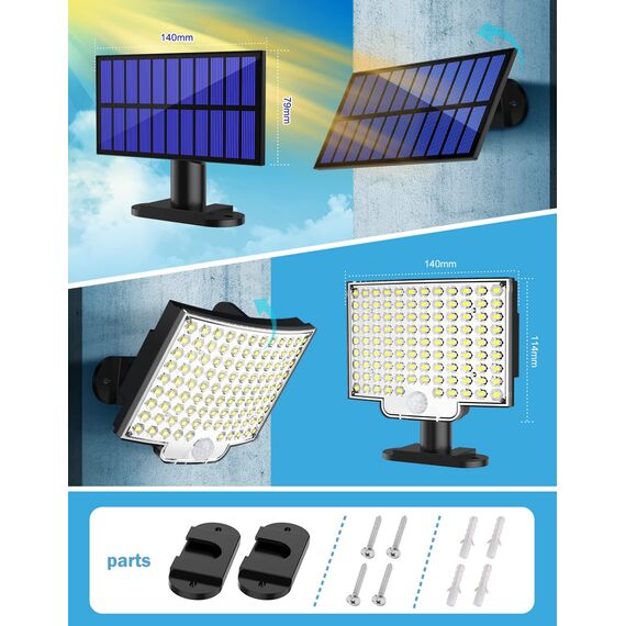 MPJ Solarlampen für Außen, 106 LED Solarleuchte Aussen mit Bewegungsmelder, IP65 Wasserdichte, 120°Beleuchtungswinkel, Solar Wandleuchte für Garten mit 5m Kabel-2 Stücke