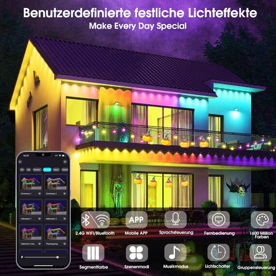 WIFI 15M RGBIC Permanente Lichterkette Außen, DC36V Einbaustrahler Mit 36 Leds Kompatibel mit Alexa/Google Home,IP67 Wasserdicht Outdoor LED Strip Außenleuchten Wandleuchten Dimmbar Innenbeleuchtung