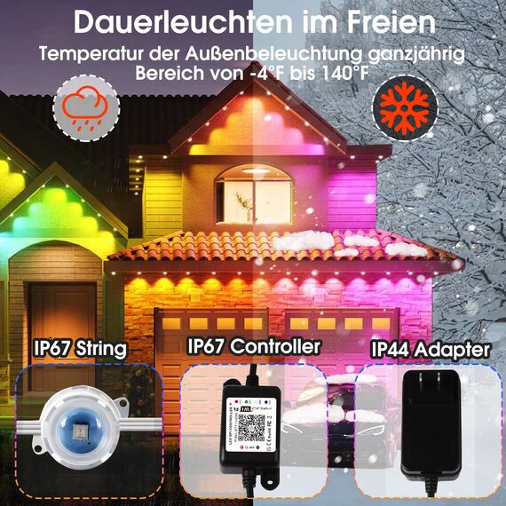 WIFI 15M RGBIC Permanente Lichterkette Außen, DC36V Einbaustrahler Mit 36 Leds Kompatibel mit Alexa/Google Home,IP67 Wasserdicht Outdoor LED Strip Außenleuchten Wandleuchten Dimmbar Innenbeleuchtung