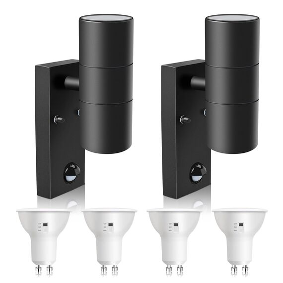 ALUSSO LIGHTING 2er Set LED Wandleuchte mit PIR Bewegungsmelder Edelstahl Up Down Außenleuchte, Wandlampe inkl. 4x 8W GU10 Glühbirnen 750LM 3000K/4000K/6000K, Aussenlampe IP65 Wasserdicht, Schwarz