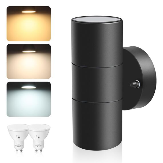 ALUSSO LIGHTING LED Aussenlampe Innen/Außen Edelstahl Up Down Wandleuchte, Außenlampe inkl. 2x 8W GU10 Glühbirnen 750LM 3000K/4000K/6000K Außenleuchte, Wandlampe IP65 Wasserdicht für Garten, Schwarz