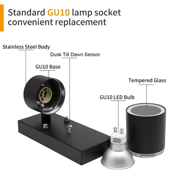 Unikcst Außenwandleuchten mit Dämmerungsschalter LED Außenleuchte Schwarz Aussenleuchte mit Lichtsensor IP44 Wasserdicht Wandleuchte inkl. 1x 5W LED Kaltweiß GU10 Glühbirne, 1 Stück