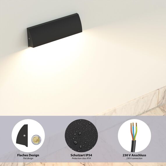 ledscom.de 3 Stück LED Wandleuchte/Treppenlicht SEGIN für außen, IP54, flach, Downlight, schwarz matt, eckig, 6,2 W, 566lm, warmweiß