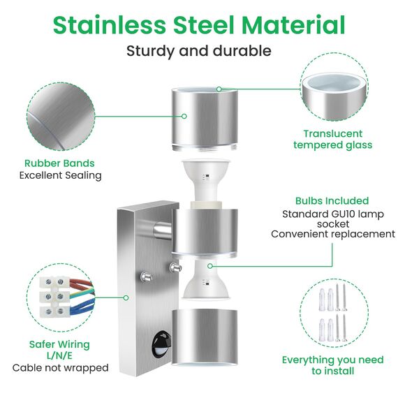 ALUSSO LIGHTING 2er Set Edelstahl LED Außenleuchte mit PIR Bewegungsmelder Up Down Außen Wandleuchte, Aussenlampe inkl. 4x 8W GU10 Glühbirnen 750LM 3000K/4000K/6000K, Wandlampe IP65 für Garten, Silber