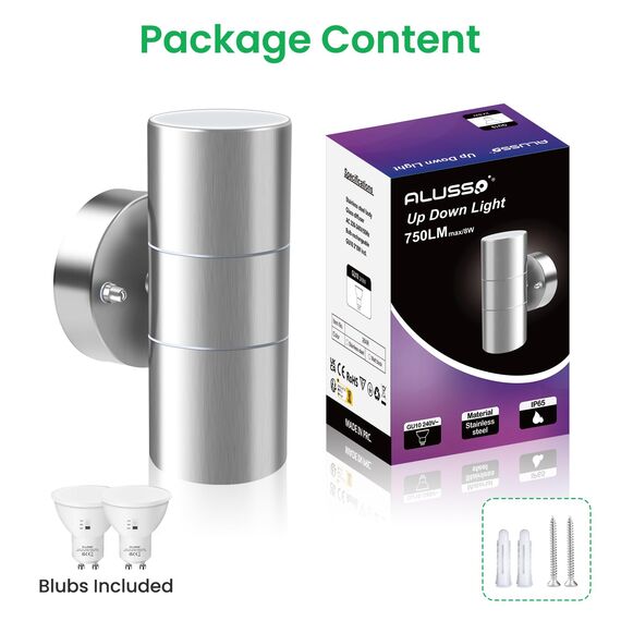 ALUSSO LIGHTING Edelstahl LED Wandleuchte Innen/Außen Up Down Aussenlampe, Wandlampe inkl. 2x 8W GU10 Glühbirnen 750LM 3000K/4000K/6000K Außenlampe, Außenleuchte IP65 Wasserdicht für Garten, Silber