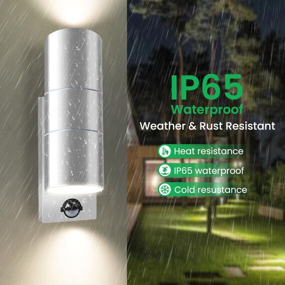 ALUSSO LIGHTING Edelstahl LED Außenleuchte mit PIR Bewegungsmelder Up Down Wandleuchte, Aussenlampe inkl. 2x 8W GU10 Glühbirnen 750LM 3000K/4000K/6000K, Wandlampe IP65 Wasserdicht für Garten, Silber