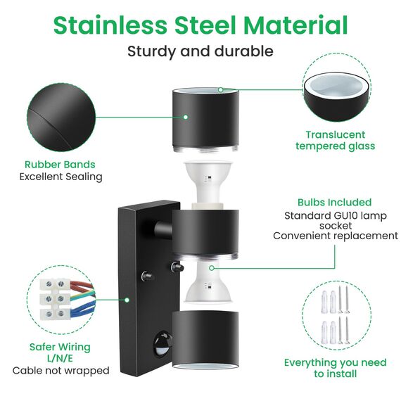 ALUSSO LIGHTING 2er Set LED Wandleuchte mit PIR Bewegungsmelder Edelstahl Up Down Außenleuchte, Wandlampe inkl. 4x 8W GU10 Glühbirnen 750LM 3000K/4000K/6000K, Aussenlampe IP65 Wasserdicht, Schwarz