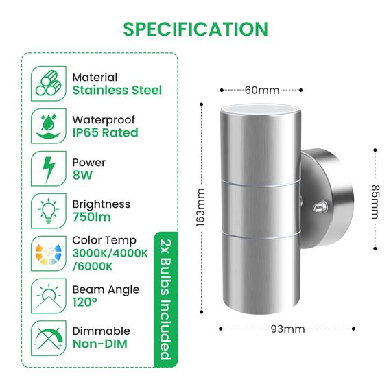 ALUSSO LIGHTING 2er Set Edelstahl LED Wandleuchte Innen/Außen Up Down Aussenlampe, Wandlampe inkl. 4x 8W GU10 Glühbirnen 750LM 3000K/4000K/6000K Außenlampe, Außenleuchte IP65 Wasserdicht, Silber