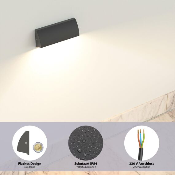 ledscom.de 3 Stück LED Wandleuchte/Treppenlicht SEGIN für außen, IP54, flach, Downlight, anthrazit matt, eckig, 3,8 W, 265lm, warmweiß