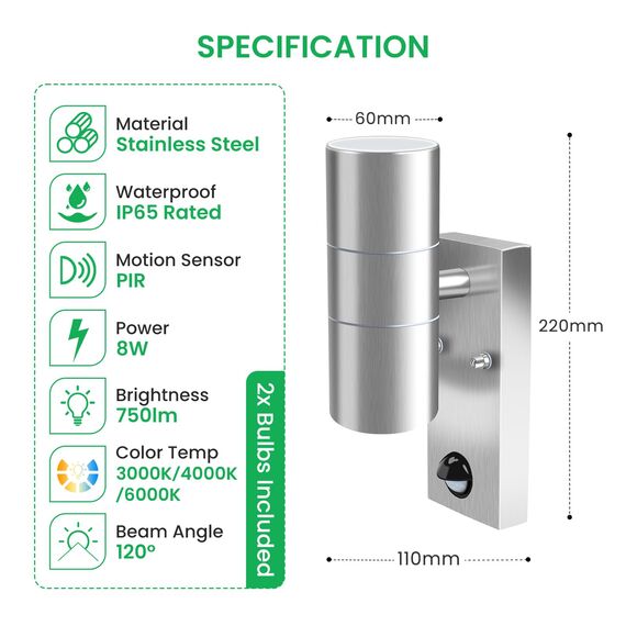 ALUSSO LIGHTING Edelstahl LED Außenleuchte mit PIR Bewegungsmelder Up Down Wandleuchte, Aussenlampe inkl. 2x 8W GU10 Glühbirnen 750LM 3000K/4000K/6000K, Wandlampe IP65 Wasserdicht für Garten, Silber