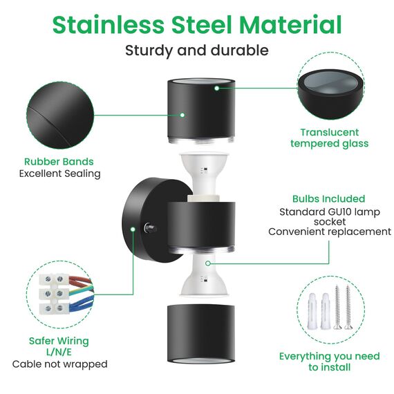 ALUSSO LIGHTING LED Aussenlampe Innen/Außen Edelstahl Up Down Wandleuchte, Außenlampe inkl. 2x 8W GU10 Glühbirnen 750LM 3000K/4000K/6000K Außenleuchte, Wandlampe IP65 Wasserdicht für Garten, Schwarz