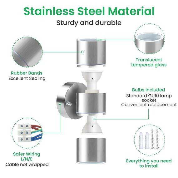 ALUSSO LIGHTING Edelstahl LED Wandleuchte Innen/Außen Up Down Aussenlampe, Wandlampe inkl. 2x 8W GU10 Glühbirnen 750LM 3000K/4000K/6000K Außenlampe, Außenleuchte IP65 Wasserdicht für Garten, Silber