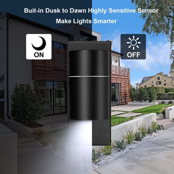 Unikcst Außenwandleuchten mit Dämmerungsschalter LED Außenleuchte Schwarz Aussenleuchte mit Lichtsensor IP44 Wasserdicht Wandleuchte inkl. 1x 5W LED Kaltweiß GU10 Glühbirne, 1 Stück