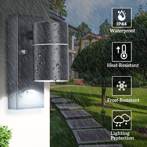 Unikcst Außenwandleuchten mit Dämmerungsschalter LED Außenleuchte Schwarz Aussenleuchte mit Lichtsensor IP44 Wasserdicht Wandleuchte inkl. 1x 5W LED Kaltweiß GU10 Glühbirne, 1 Stück