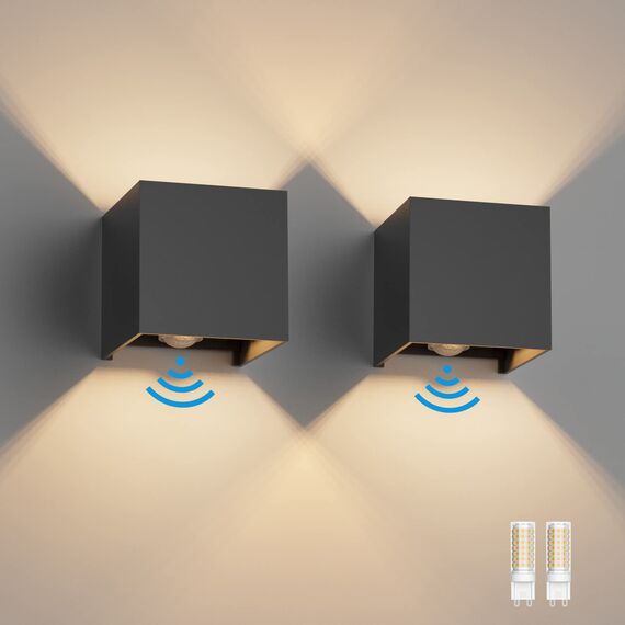 Klighten 2 Stück LED Wandleuchte mit Bewegungsmelder Innen/Außen 3000K Außenwandleuchte mit Bewegungsmelder Wandlampe Einstellbar Abstrahlwinkel, mit Austauschbarer G9 LED Lampe (Dunkelgrau)