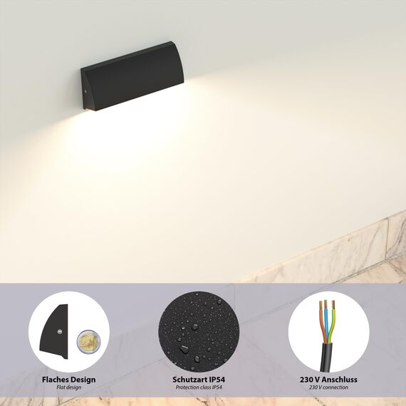 ledscom.de LED Wandleuchte/Treppenlicht SEGIN für außen, IP54, flach, Downlight, schwarz matt, eckig, 3,6 W, 278lm, kaltweiß