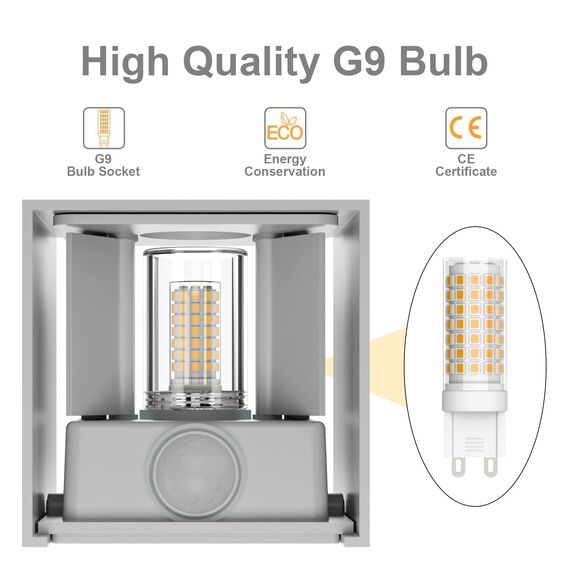 Klighten 2 Stück LED Wandleuchte mit Bewegungsmelder Innen/Außen 3000K Außenwandleuchte mit Bewegungsmelder Wandlampe Einstellbar Abstrahlwinkel, mit Austauschbarer G9 LED Lampe (Hellgrau)
