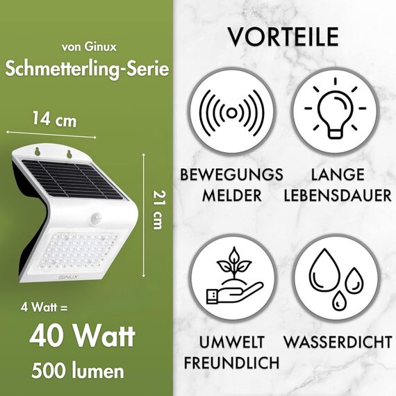 GINUX® Solarlampen für außen mit Bewegungsmelder - Solar Wandleuchte aussen mit Superhellen LEDs und PIR-Sensor, Solar LED Strahler für Wand und Garten (Schmetterling 40W-Weiss)