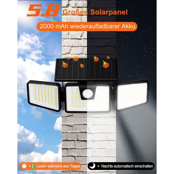 FLOWood 156LED Solarlampen für Außen, 360° Drehbare Solarleuchten für Außen mit Bewegungsmelder, IP65 Wasserdichte 270° Beleuchtungswinkel, Solar Wandleuchte Aussen für Garten Veranda Garage, 2 Stück