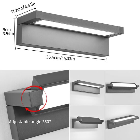 LED Außenleuchte,36W Wandlampe Außen Innen,Außenlampe Wand IP65 wasserdichte Außenwandleuchte 6500K Kaltweiß Aussenleuchte,Wandleuchte mit 350° Schwenkbar Panel für Garten Terrasse Balkon Dunkelgrau