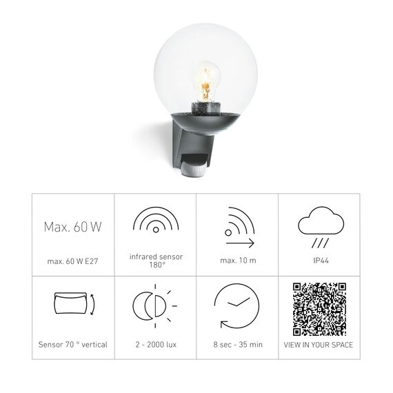 Steinel Außenwandleuchte L 585 S anthrazit, 180° Bewegungsmelder, Max.10 m Reichweite, klassisch, mundgeblasenes Glas, 229 x 215 x 312 mm