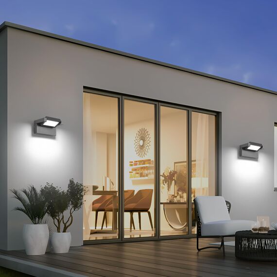 Außenleuchte Wand 12W LED,Wandleuchte Außen Innen,IP65 wasserdichte Außenwandleuchte 6500K Kaltweiß Aussenleuchte,Wandlampe mit 350° Schwenkbar Panel, Außenlampe für Garten Terrasse Balkon Dunkelgrau