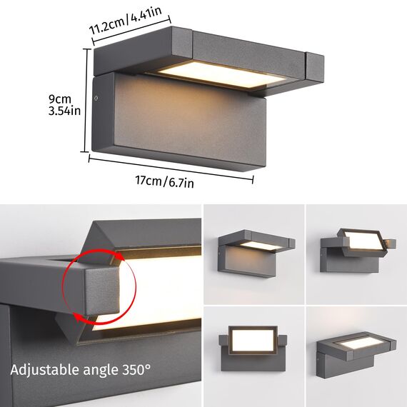 Außenleuchte Wand 12W LED,Wandleuchte Außen Innen,IP65 wasserdichte Außenwandleuchte 3000K Warmweiß Aussenleuchte,Wandlampe mit 350° Schwenkbar Panel, Außenlampe für Garten Terrasse Balkon Dunkelgrau