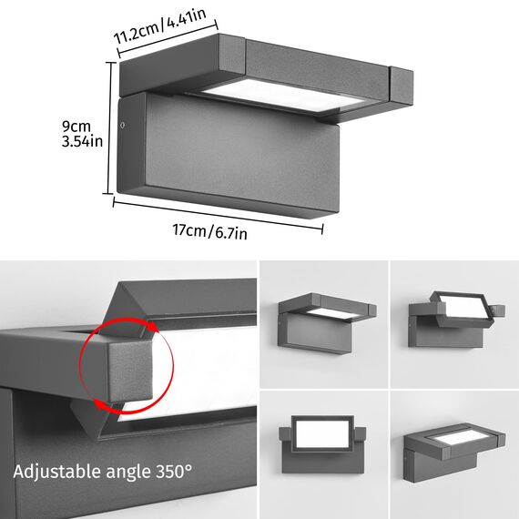 Außenleuchte Wand 12W LED,Wandleuchte Außen Innen,IP65 wasserdichte Außenwandleuchte 6500K Kaltweiß Aussenleuchte,Wandlampe mit 350° Schwenkbar Panel, Außenlampe für Garten Terrasse Balkon Dunkelgrau