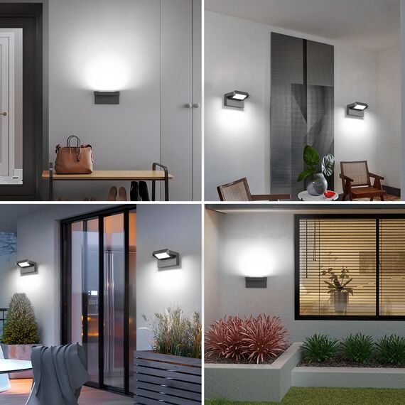 Außenleuchte Wand 12W LED,Wandleuchte Außen Innen,IP65 wasserdichte Außenwandleuchte 6500K Kaltweiß Aussenleuchte,Wandlampe mit 350° Schwenkbar Panel, Außenlampe für Garten Terrasse Balkon Dunkelgrau