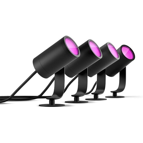 Philips Hue White & Color Ambiance Lily Gartenspot Standard Set mit 40W Netzteil (590 lm), dimmbare Außenleuchte mit 16 Millionen Farben, smarte Lichtsteuerung über Sprache oder App, schwarz, 4er Pack