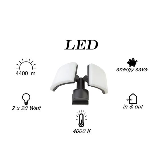 HUBER LED Strahler - 2 x 20W, 4400lm - für die Wand und Eckmontage - Außenstrahler, Fluter, Hofstrahler, IP65, anthrazit