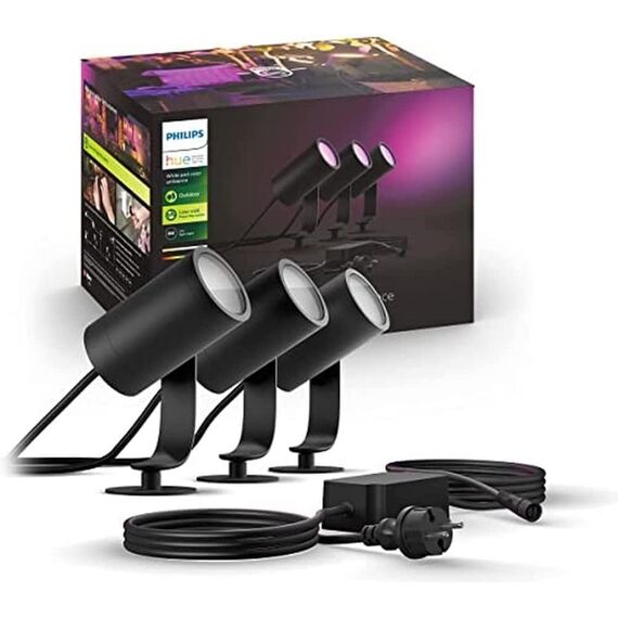 Philips Hue White & Color Ambiance Lily Gartenstrahler Basis Set 3er Pack (1.770 lm), dimmbare Außenleuchten mit 16 Millionen Farben, smarte Lichtsteuerung über Sprache oder App, schwarz