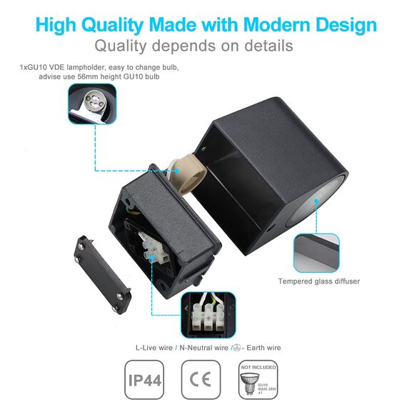 LASIDE 2er Set Aussenleuchte Aussenlampe Wand Eckig, GU10 Anthrazit Aluminium Down Außenlampe Außenleuchte, IP44 Spritzwassergeschützt Wandlampe Wandleuchte Lampe Aussen Außen Leuchte für Garten