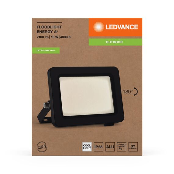 LEDVANCE LED-Flutlicht mit Energieeffizienzklasse A, schwarzes Aluminiumgehäuse, 10 W, 1750 lm, für Außenanwendungen, kompaktes Design, leichtes Gewicht, einfache Montage