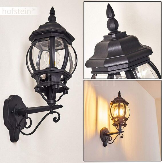 HOFSTEIN Außenwandleuchte Lentua, Außenwandlampe aus Metall/Kunststoff in Schwarz/Klar, Wandleuchte Up im Retro/Vintage/Antik-Design, E27, IP44, Eingangsbereich, Terrasse, Haustür, Hof