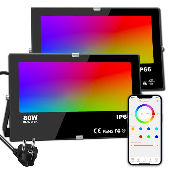 iLC RGB LED Strahler 80W, RGBW-Farbwechsel Flutlicht entspricht 800 W, 16 million Farben Gruppierung Timer, 2700K Warmweiß, Wasserschutzart IP66 Außen Innen (2er-Pack)