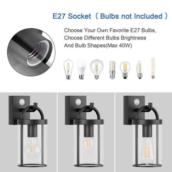 Klighten Außenwandleuchte Vintage Industrial, Wandleuchte Außen mit Bewegungsmelder, E27 Außenlampe, Aluminium Wandlampe Industrie, für Terrasse Garten, 40W Max, IP44,Schwar, ohne Leuchtmitte