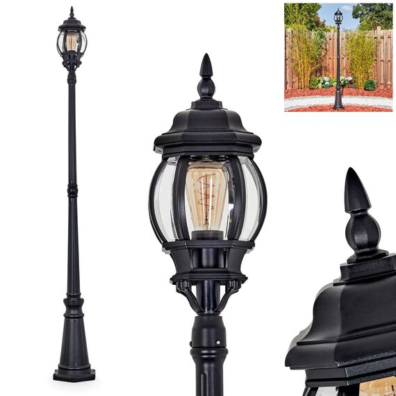 HOFSTEIN Kandelaber Lentua, Außenwegeleuchte aus Metall/Glas in Schwarz/Klar, Wegeleuchte im Vintage/Antik/Landhaus-Design für Garten, Außenbereich, Hof, Höhe 205 cm, 1 x E27, IP44