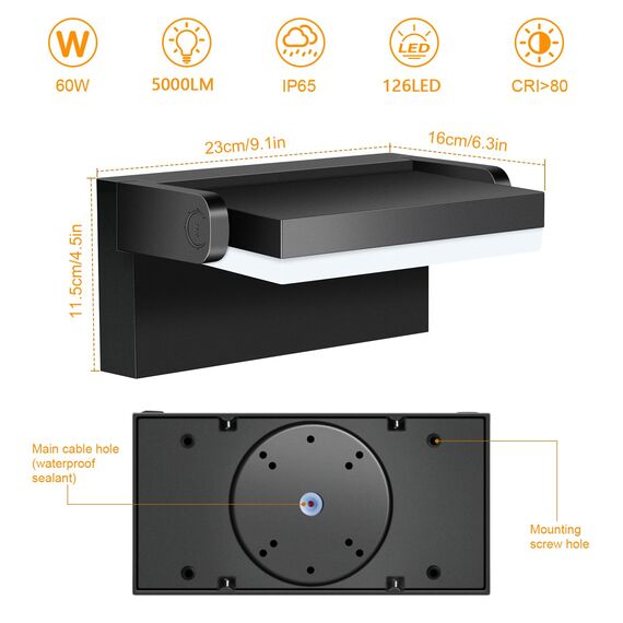 ledmo 60W LED Wandleuchte Aussen/Innen 5000 Lumen Modern Wandlampe Außen Warmweiß 3000K Außenwandleuchte mit 360° Schwenkbar LED Panel Außenlampe Wasserdicht IP65 für Terrasse Eingang Garten