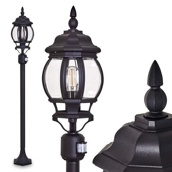 HOFSTEIN Außenstehleuchte Lentua mit Bewegungsmelder, Außenwegeleuchte aus Metall/Kunststoff in Schwarz-matt/Klar, Wegeleuchte im Antik/Vintage-Design für Garten, Außenbereich, Hof, 130 cm, E27, IP44