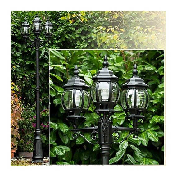 HOFSTEIN Außenleuchte Kobe, Laternen für Draußen im Antiken Look, Kandelaber aus Aluguß in Schwarz mit Kunststoff-Scheiben, 3-armige Wegeleuchte, Outdoor Laterne 230 cm, IP44, 3x E27 Gartenlaterne
