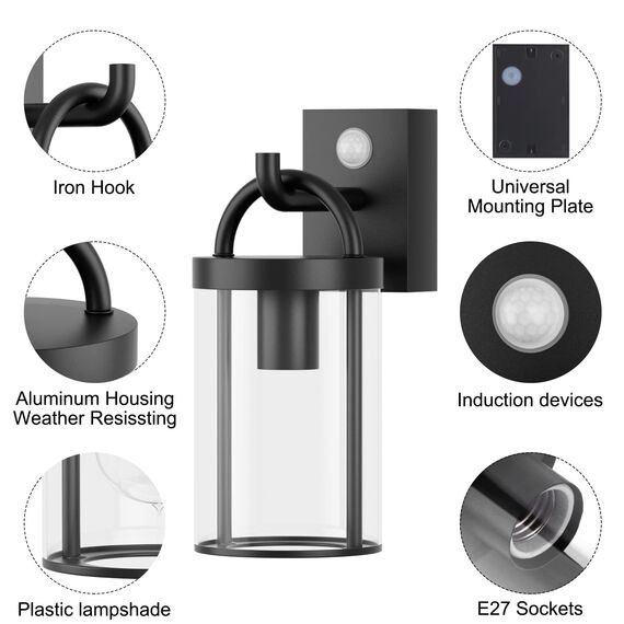 Klighten Außenwandleuchte Vintage Industrial, Wandleuchte Außen mit Bewegungsmelder, E27 Außenlampe, Aluminium Wandlampe Industrie, für Terrasse Garten, 40W Max, IP44,Schwar, ohne Leuchtmitte