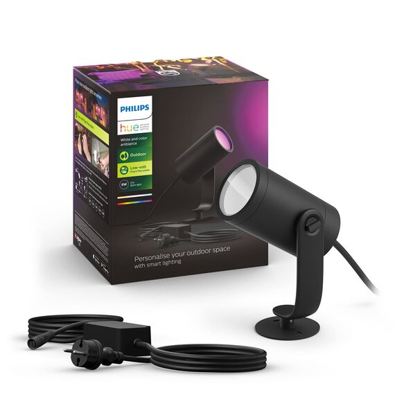 Philips Hue White & Color Ambiance Lily Gartenspot Standard Set mit 40W Netzteil (590 lm), dimmbare Außenleuchte mit 16 Millionen Farben, smarte Lichtsteuerung über Sprache oder App, schwarz
