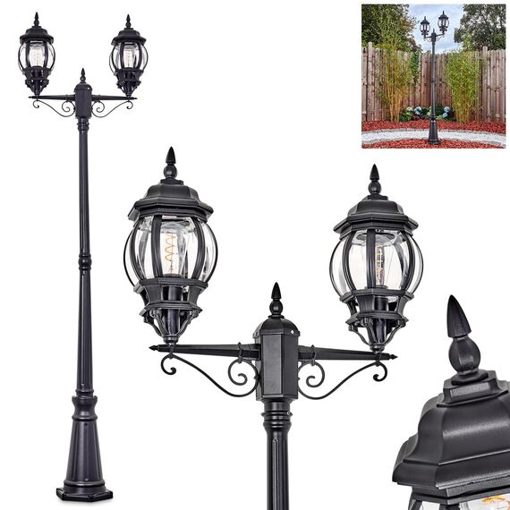 HOFSTEIN Kandelaber Lentua, Außenwegeleuchte aus Metall/Glas in Schwarz/Klar, Wegeleuchte im Vintage/Antik/Landhaus-Design für Garten, Außenbereich, Hof, Höhe 216 cm, 2 x E27, IP44