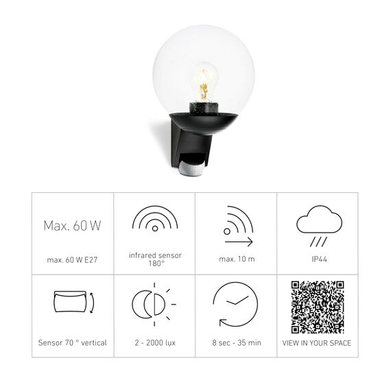 Steinel Außenwandleuchte L 585 S schwarz, 180° Bewegungsmelder, Max. 10 m Reichweite, klassisch, mundgeblasenes Glas