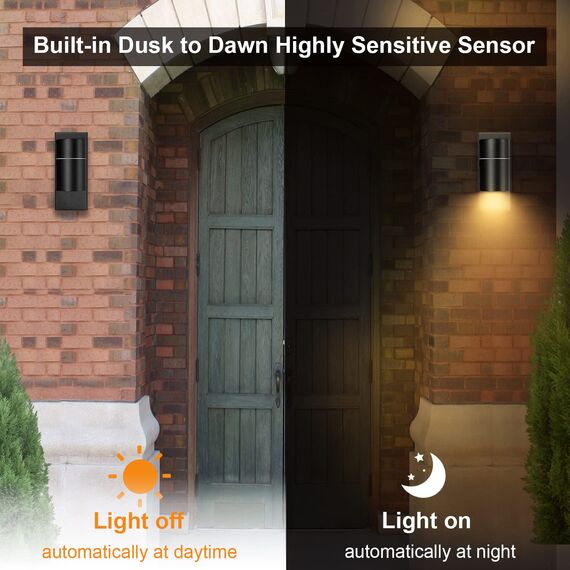 Unikcst LED Wandlampe mit Dämmerungsschalter Aussen IP44 Wandleuchte Schwarz mit Lichtsensor Aussenlampe 230V inkl. 1x 5W GU10 Warmweiß Glühbirne,1 Stück