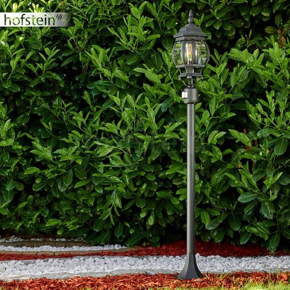 HOFSTEIN Außenstehleuchte Lentua mit Bewegungsmelder, Außenwegeleuchte aus Metall/Kunststoff in Schwarz-matt/Klar, Wegeleuchte im Antik/Vintage-Design für Garten, Außenbereich, Hof, 130 cm, E27, IP44