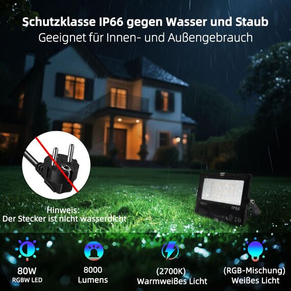iLC RGB LED Strahler 80W, RGBW-Farbwechsel Flutlicht entspricht 800 W, 16 million Farben Gruppierung Timer, 2700K Warmweiß, Wasserschutzart IP66 Außen Innen (2er-Pack)
